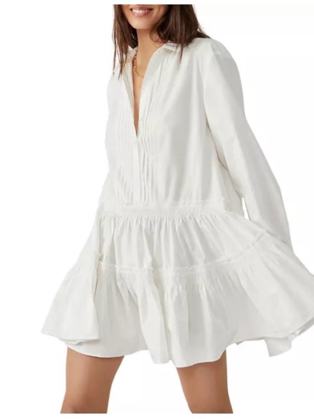 Free People White Long-Sleeve Billie Tiered Mini Dress